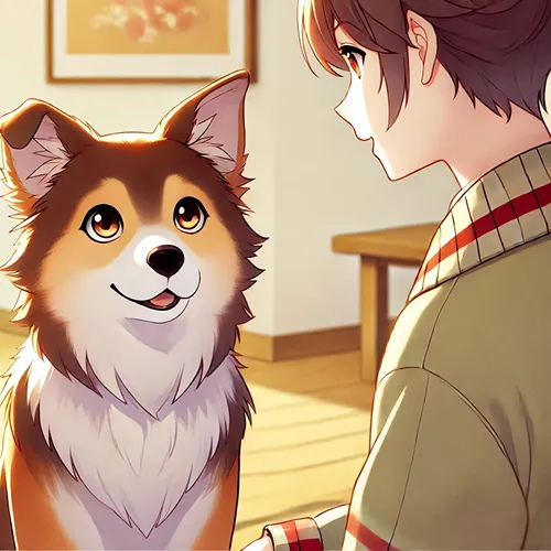 室内で飼い主を見つめる犬のイラスト