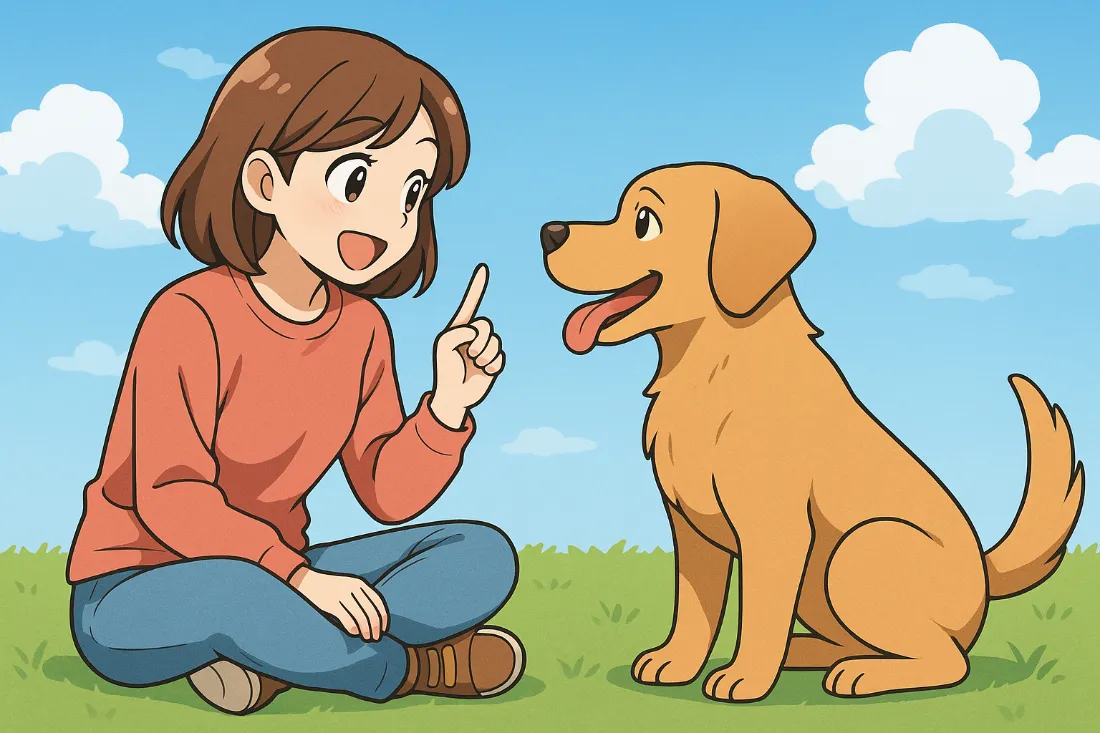 飼い主とアイコンタクトを取る犬のイラスト